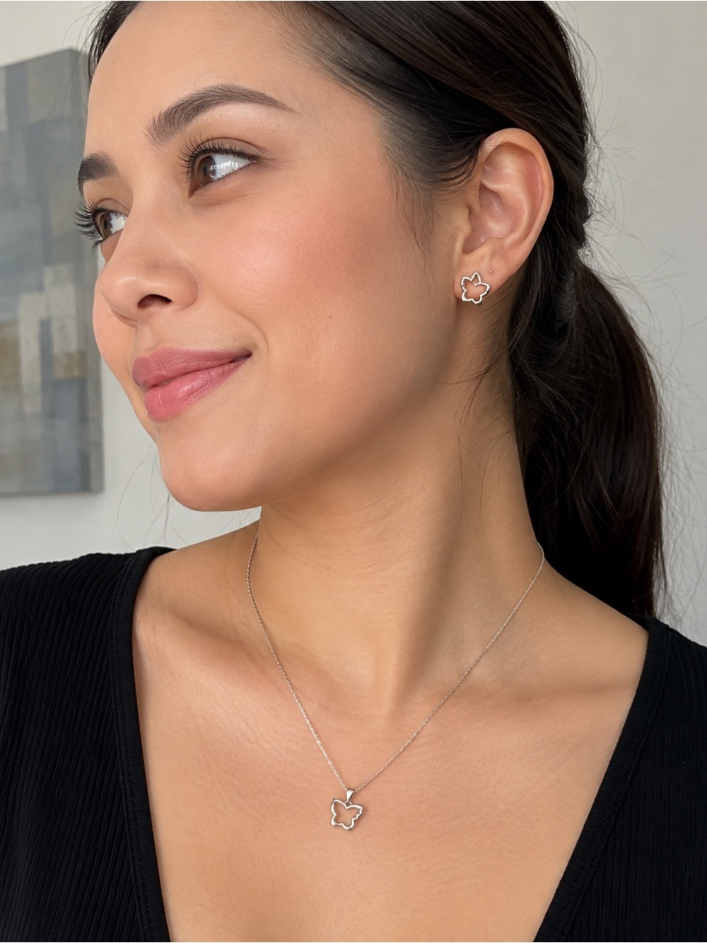 White Gold Butterfly Necklace and Earrings set